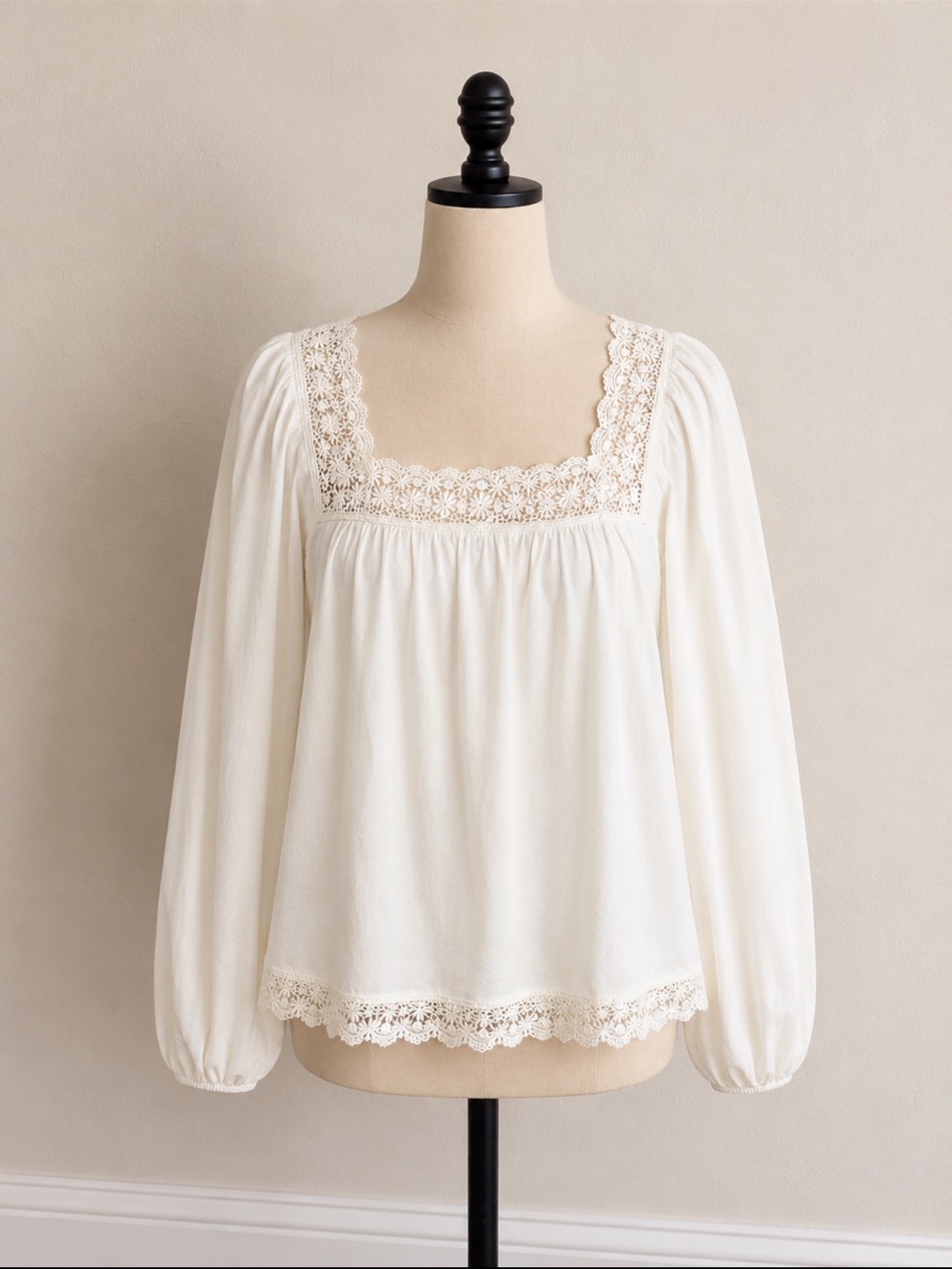 Old Navy Cream Lace-Trim Square Neck Peasant Blouse